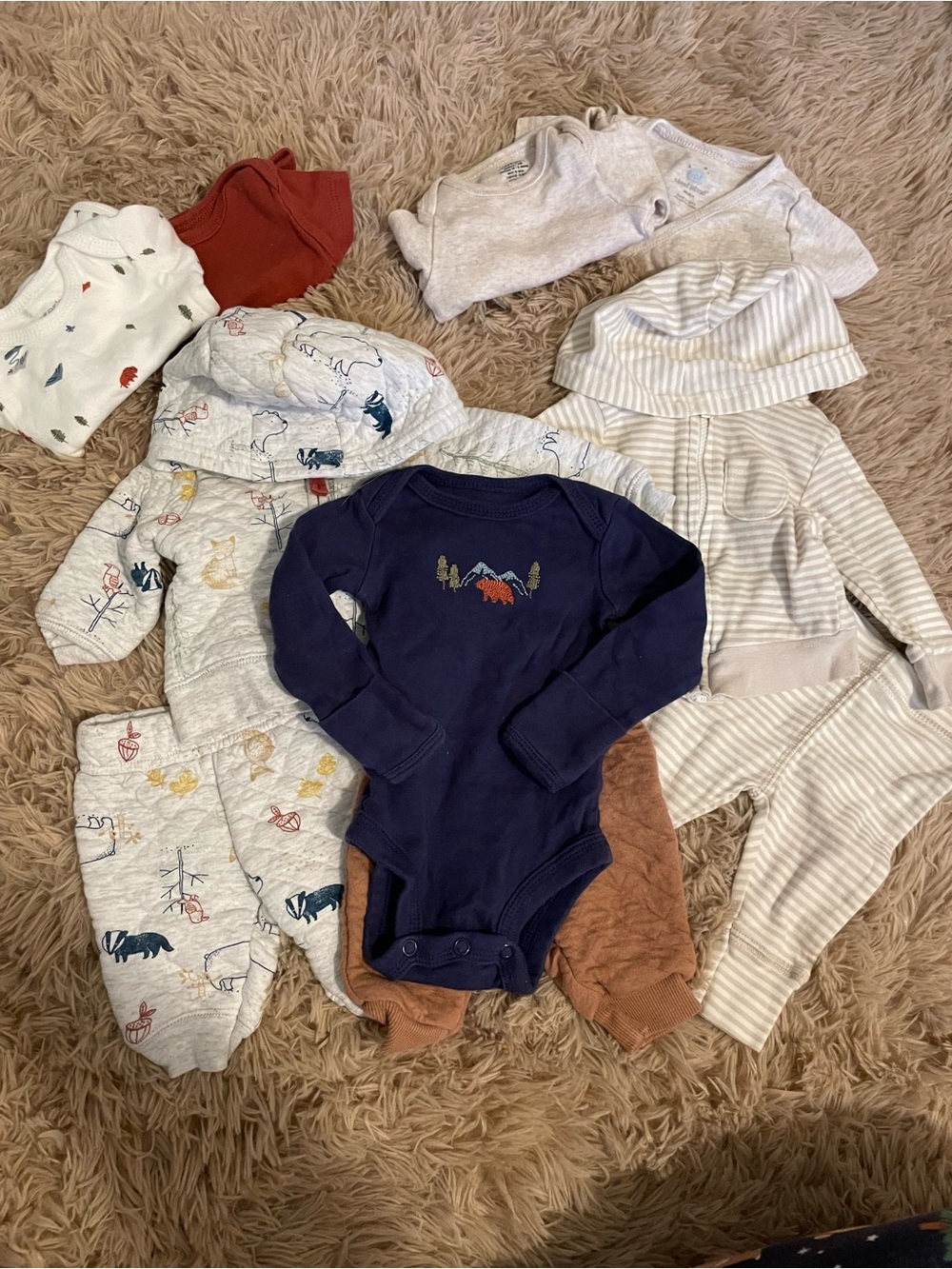 3 Outfits Quilted Woodland Hooded Striped Long Short Sleeve Onesies embroidered